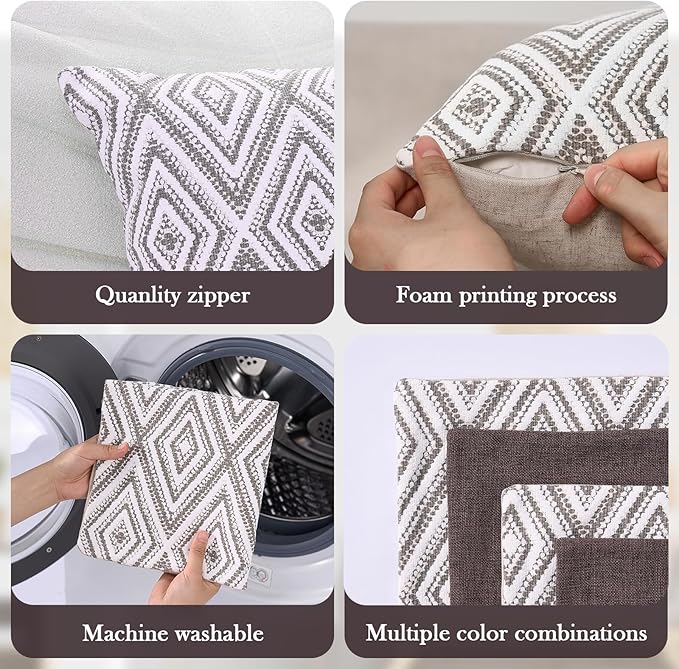 HPUK Decorative Throw Pillow Covers Set of 4 Dark Gray Geometric Design Linen Cushion Cover for Couch Sofa Living Room, 18"x18", Natural