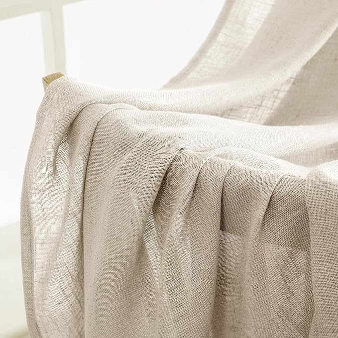 MIULEE Beige Linen Curtains 84 Inch Length 2 Panels for Bedroom Living Room, Soft Linen Textured Window Drapes Semi Sheer Light Filtering Back Tab Rod Pocket Farmhouse Modern Burlap Look Decor