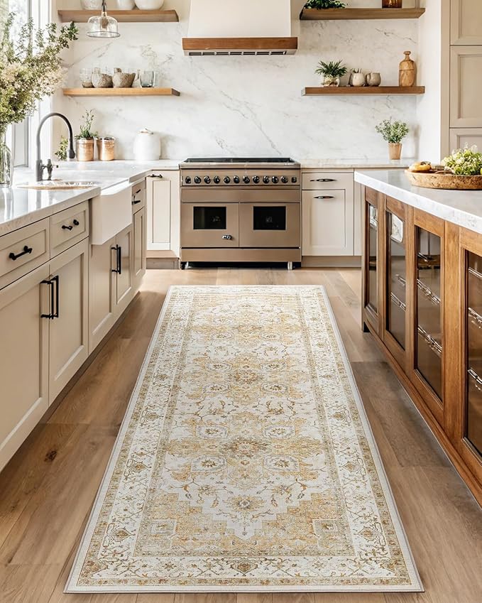 AMADA HOMEFURNISHING 2'6"x10' Washable Area Rug, Low-Profile Entryway Rug with Non-Slip Backing & Durable Edge Binding, Vintage Rug Pattern, Small Rugs for Entryway, Kitchen & Living Room