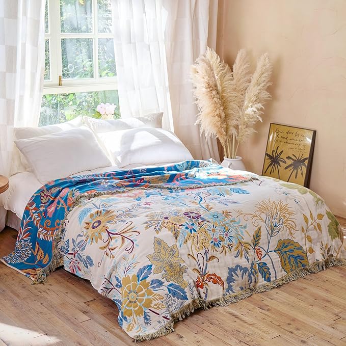 MSGKV Boho Throw Blanket for Bed Cotton 60"x80" Floral Blanket Twin Size Couch All Seasons Muslin Spring Breathable Lightweight Farmhouse Blankets