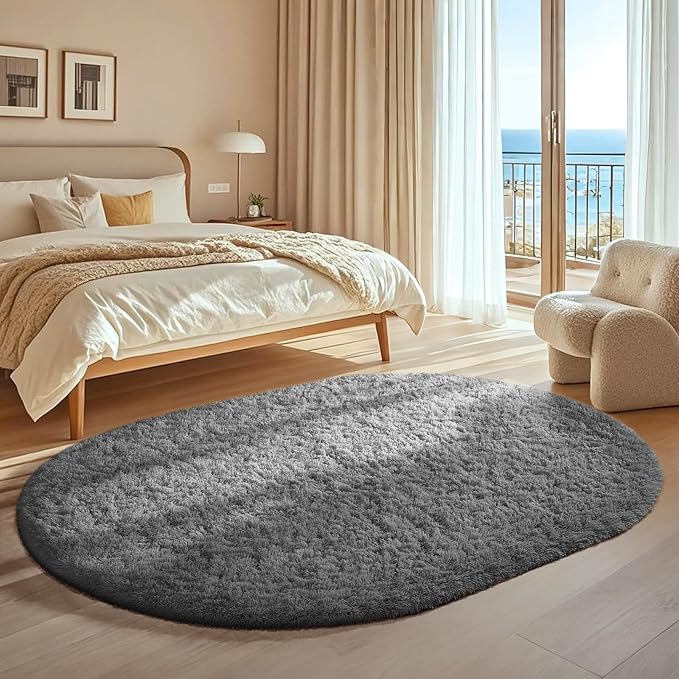 Ophanie 4x6 Oval Grey Rugs for Bedroom Living Room, Fluffy Fuzzy Furry Carpet, Plush Soft Shaggy Bedside Indoor Floor Area Rug for Kids Girls Boys Baby Teen Dorm Nursery Home Decor Aesthetic