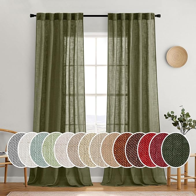 MIULEE Light Olive Green Linen Curtains 108 Inches Long 2 Panels for Bedroom Living Room, Soft Linen Textured Natural Window Drapes Semi Sheer Light Filtering Back Tab Rod Pocket Burlap Look Decor