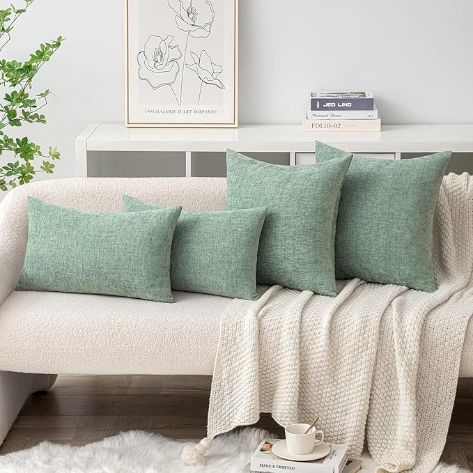 MIULEE Pack of 2 Couch Throw Pillow Covers 20x20 Inch Soft Greyish Green Chenille Pillow Covers for Sofa Living Room Solid Dyed Pillow Cases