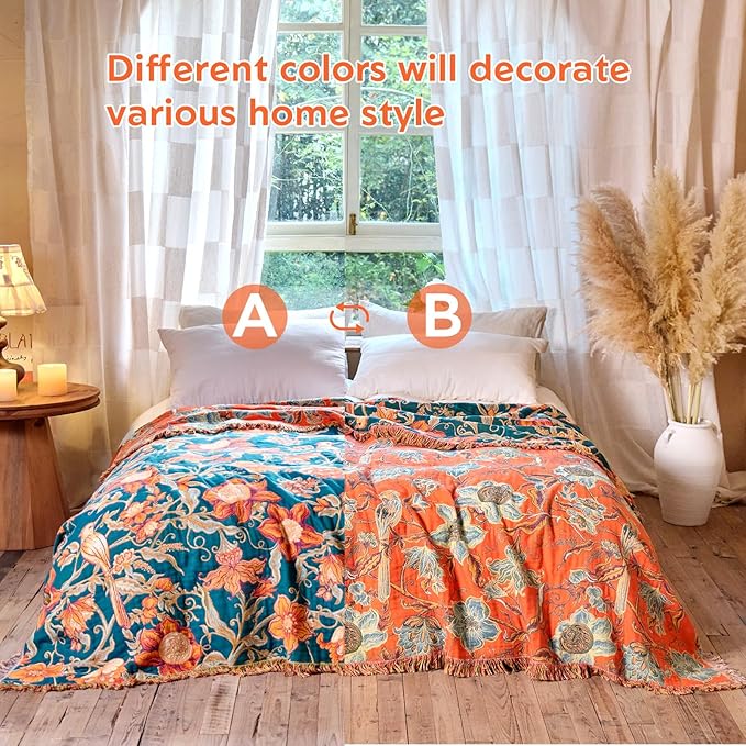 MSGKV Boho Throw Blanket for Bed Twin Size 100% Cotton Floral Bird Blanket 60"x80" Sofa Couch Blankets Muslin Spring Breathable Lightweight Farmhouse Blankets Boho Home Decor All Seasons