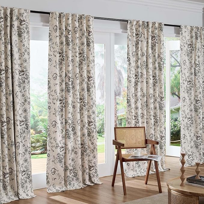 jinchan Blackout Floral Curtains for Living Room Bedroom Linen Blend Curtain Farmhouse Black Printed with Lined Back Tab Rod Pocket Drapes Window Treatments 2 Panels 102 Inch