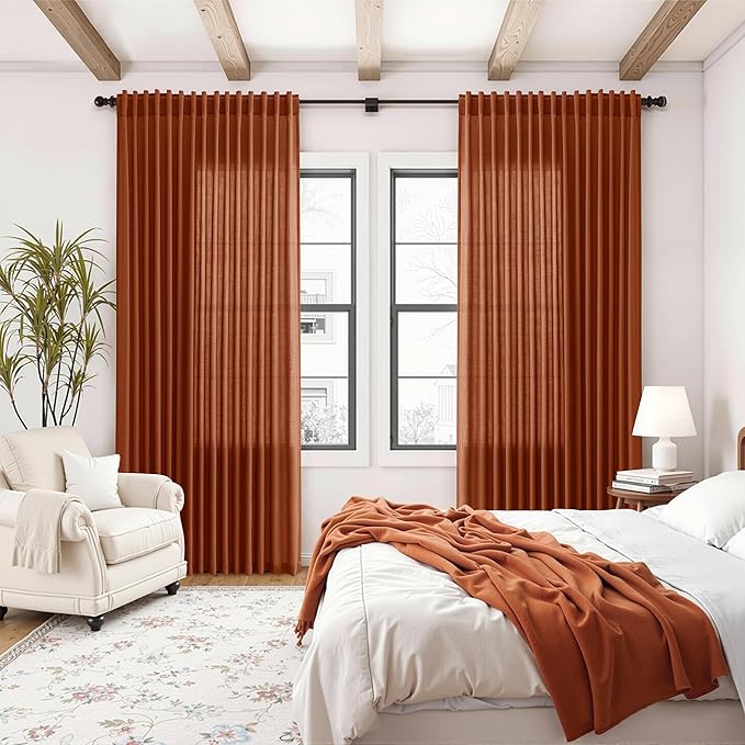 Nanspring Extra Wide Linen Curtains for Living Room 84 Inches Long Terracotta Light Filtering Semi Sheer Boho Farmhouse Curtain for Bedroom Office Luxury Back Tab and Rod Pocket 100x84, 2 Panels
