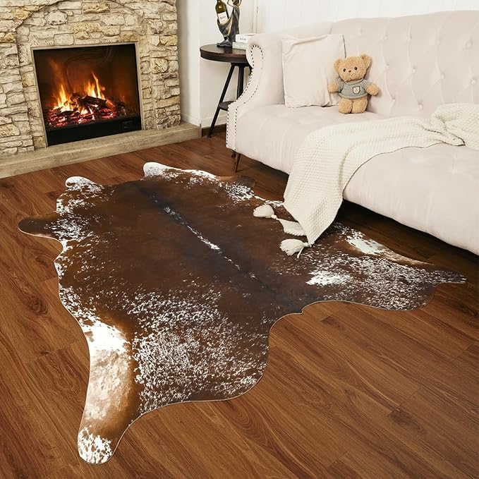 AROGAN Western Decor Faux Fur Cowhide Rug, 5.2x6.3 Feet Premium Animal Skin Cow Hide Rug, Sturdy Cow Print Rugs for Wall Decor, Western Floor Carpet for Bedroom Living Room, Spotted Brown