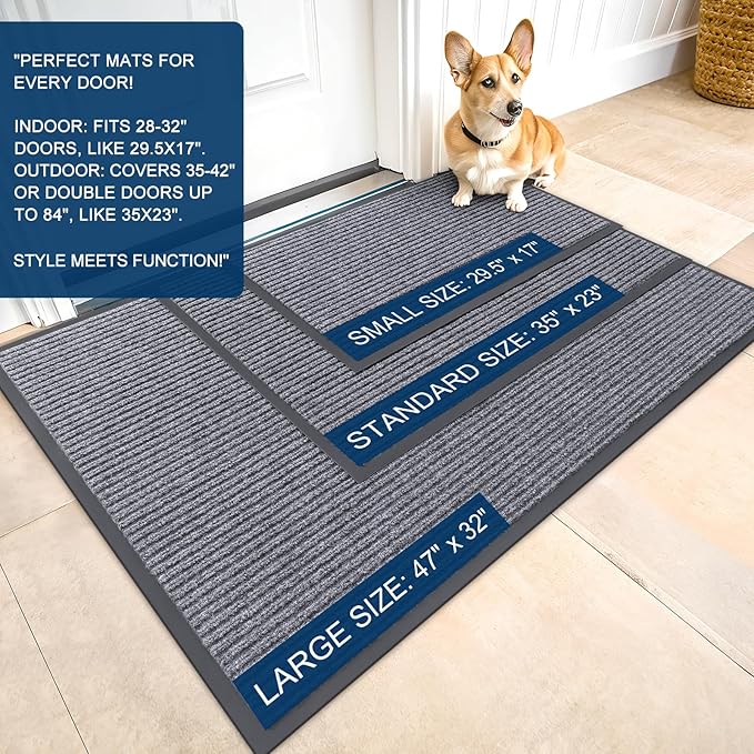 OLANLY Front Door Mat Indoor Outdoor Entrance, Waterproof Heavy Duty Doormat, Fade Resistant, Low Profile, Easy Clean Patio Porch Welcome Floor Mats for Entry, 47x17, Light Gray
