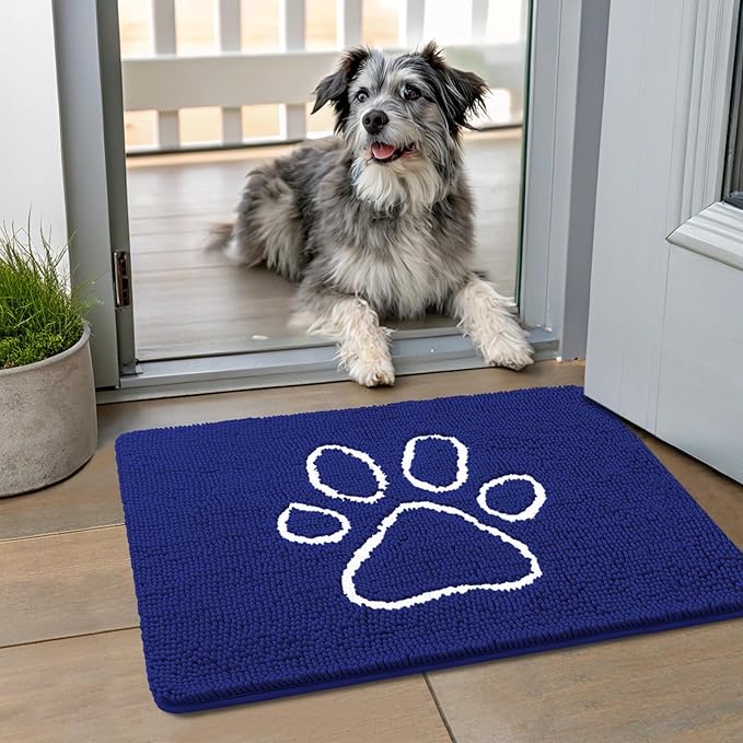 Smiry Dog Door Mat for Muddy Paws, Absorbent Dirt Trapper Non Slip Quick Dry Washable Chenille Mat for Mud Dogs, Entry Rug for Indoor and Outdoor (24x16 Inches, Navy Blue and White)