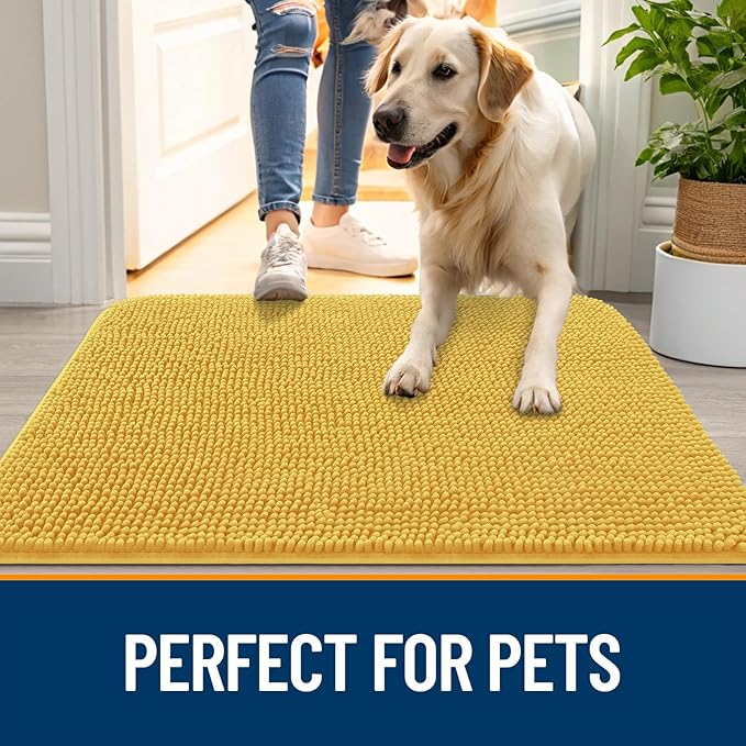 OLANLY Dog Door Mat for Muddy Paws 40x24, Absorbs Moisture and Dirt, Absorbent Non-Slip Washable Doormat, Quick Dry Chenille Mud Mat for Dogs, Entry Indoor Entryway Carpet for Inside Floor, Yellow