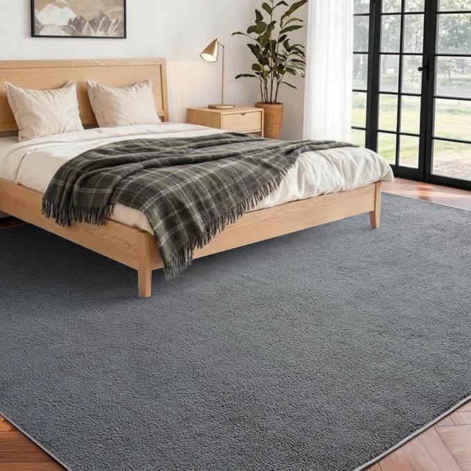 FinRèc 5x7 Washable Area Rugs for Bedroom Living Room, Low Pile Thin Rug Solid Color, Non-Slip Carpet Indoor for Home Decor (Pure Dark Grey)