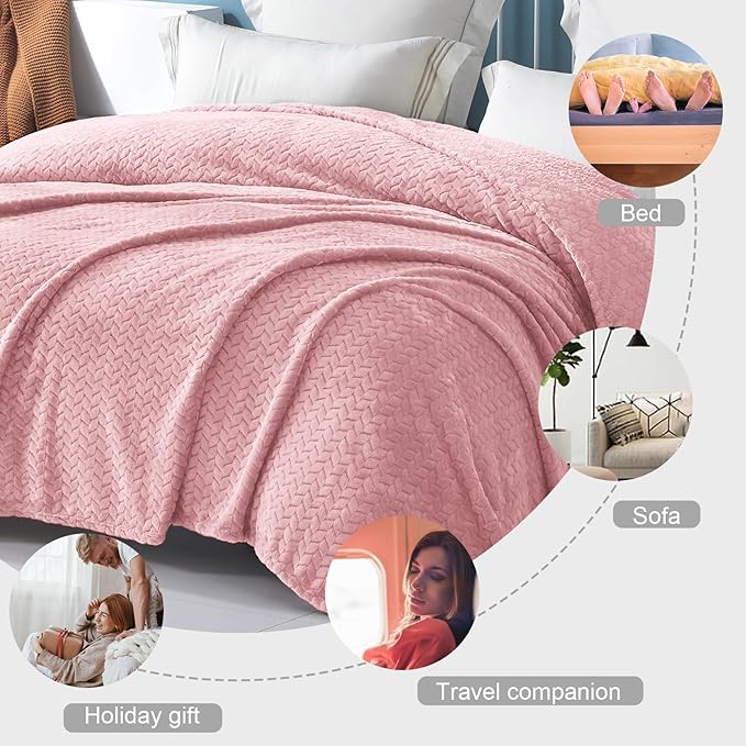 Exclusivo Mezcla Fleece Twin Size Blanket for Bed, 90x66 Inches Soft Cozy Jacquard Flannel Blankets, Lightweight Fuzzy Plush Warm for Women, Pink