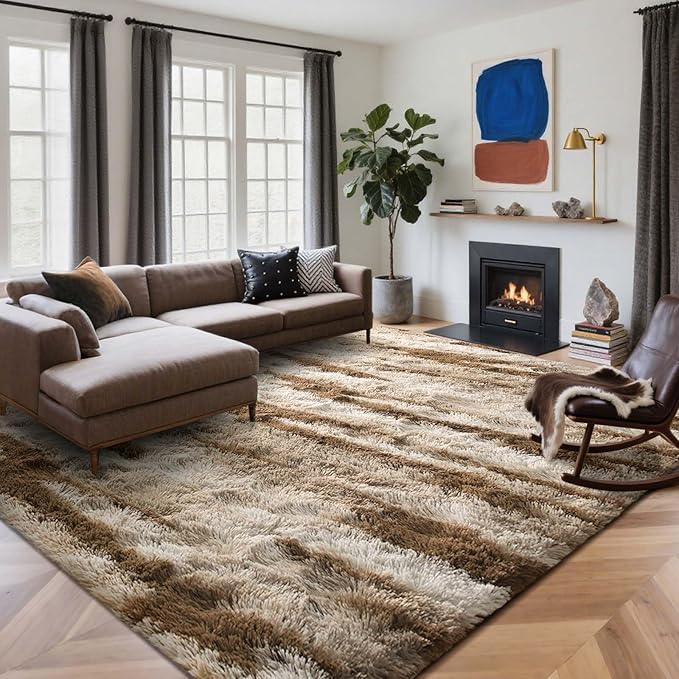 Area Rugs for Living Room, 5x7 Feet Soft Fluffy Shagg Plush Rug High Pile Large Indoor Modern Non-Slip Floor Carpet for Bedroom Nursery Kids Home Room Dorm Decor Aesthetic Tie-Dyed Khaki