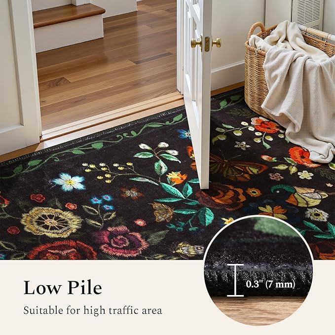 Rugflix 5x7 Washable Area Rug for Living Room, Soft Non Slip Low Pile Carpet, Floral Vintage Stain Resistant Rugs for Bedroom, Dining Room, Home Office, Black