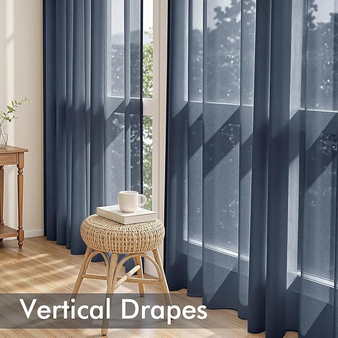 MIULEE Navy Blue Sheer Curtains 96 Inches Long, 4 Panels Set, Light Filtering Rod Pocket Voile Drapes Window Treatments, Semi Transparent Airy Fabric for Bedroom and Living Room, 54 x 96 Inches