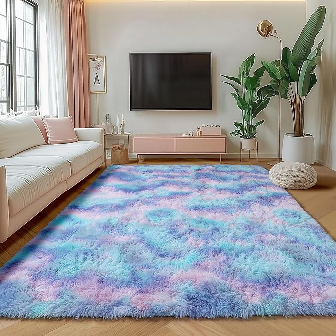 ONASAR Rainbow Rugs for Girls Bedroom, 5x8 Fluffy Bedside Throw Area Rug, Soft Plush Shaggy Indoor Floor Carpet for Living Room Nursery Kids Boys Teen Dorm Home Office Decor Aesthetic