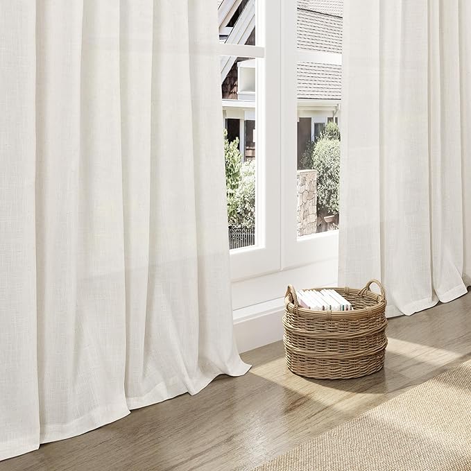 Linen Sheer Curtains 108 Inches Long Back Tab Rod Pocket 2 Panels Cream Semi Sheer Extra Long Curtains Light Filtering Modern Boho Drapes for Living Room Luxury Floor Length Curtain 9Ft 40x108