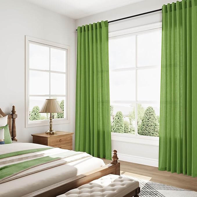 Lime Green Linen Curtains 84 Inches Long, Back Tab Light Filtering Semi Sheer Privacy Drapes for Living Room & Bedroom Simple Style, 52x84 inch, 2 Panels