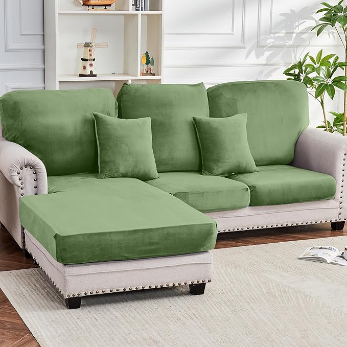 Couch Cover 6-Piece Elastic Velvet Couch Cushion Covers & Chaise Slipcovers for L-Shaped Sofas, Sofa Seat Covers Washable, Soft Cover for Couches (5 Seater + Chaise, Avocado Green)
