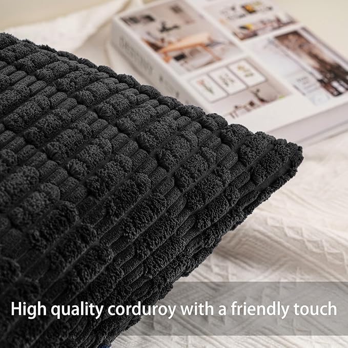 Pack of 2 Corduroy Decorative Throw Pillow Covers 20x20 InchSoft Striped Pillow Covers Modern Farmhouse Home Decor for Sofa Living Room Couch Bed（Black）