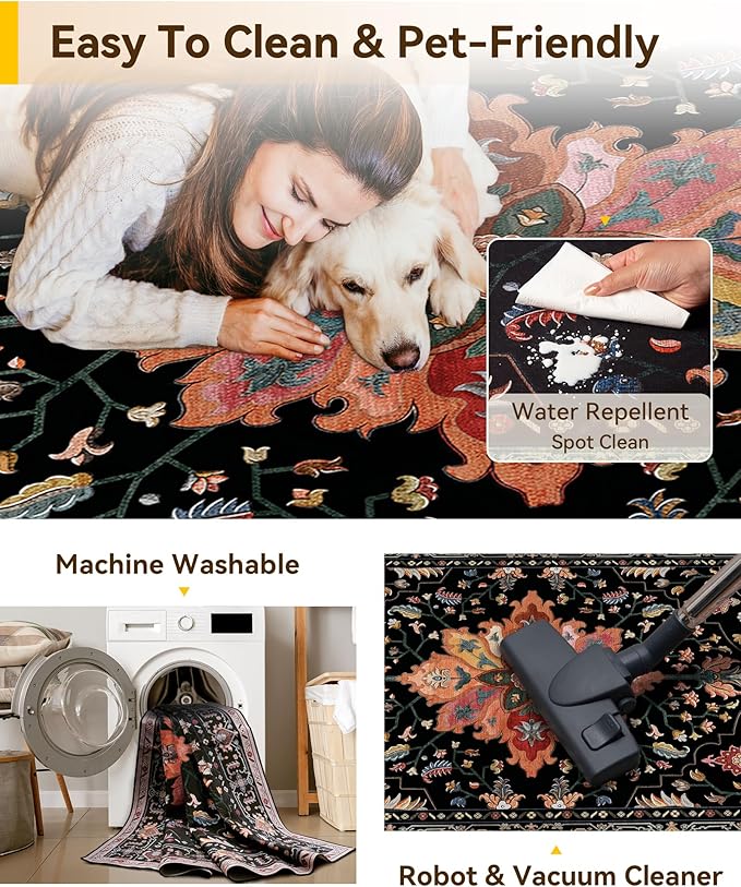 Area Rugs 2'x3' Kitchen Rugs Entry Rug Small Rugs for Entryway Kitchen Bathroom Door Mat Indoor Entrance,Washable Non Slip, Black Colorful Floral Dark Tan
