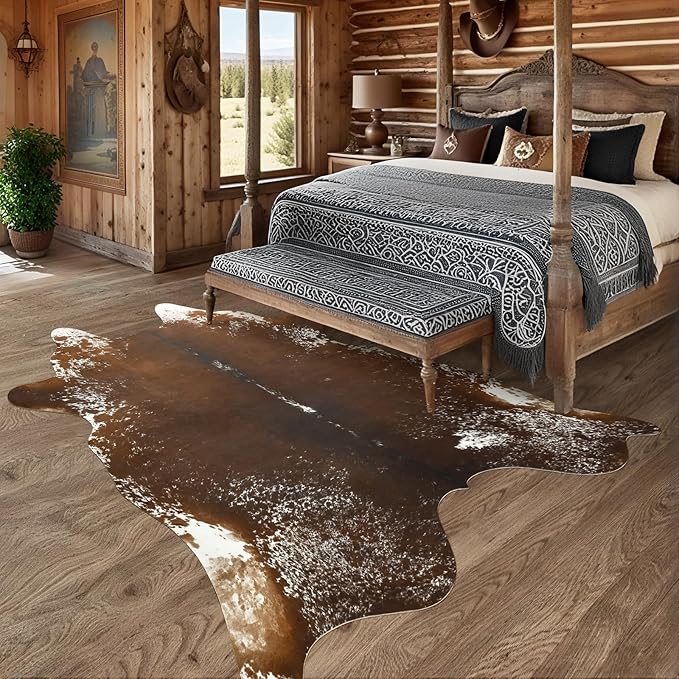 AROGAN Western Decor Faux Fur Cowhide Rug, 6.2x7 Feet Premium Animal Skin Cow Hide Rug, Durable Cow Print Rugs for Wall Decor, Western Floor Carpet for Bedroom Living Room, Spotted Brown