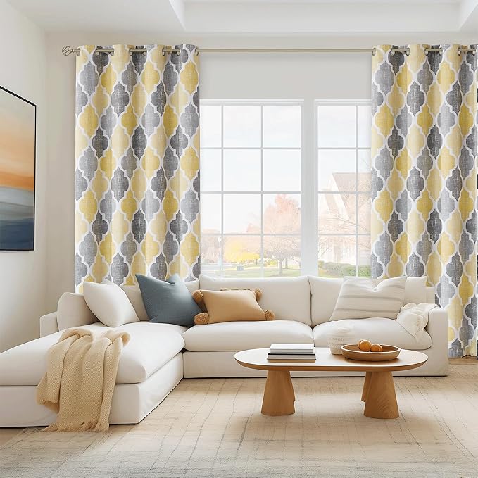 Beauoop 100% Blackout Curtains 72 Inches Long 2 Panels for Bedroom Living Room Yellow Grey Moroccan Geo Room Darkening Thermal Insulated Soundproof Grommet Top Window Treatments Drapes, 50x72 Set of 2