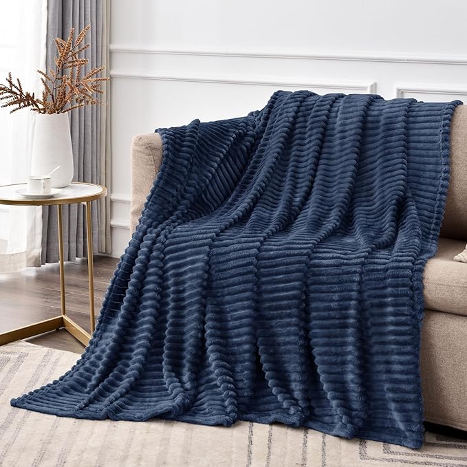 BEDELITE Fleece Throw Blanket for Couch – 3D Ribbed Jacquard Soft and Warm Decorative Fuzzy Blanket – Cozy, Fluffy, Plush Lightweight Navy Throw Blankets for Bed, Sofa, 84x90 inches