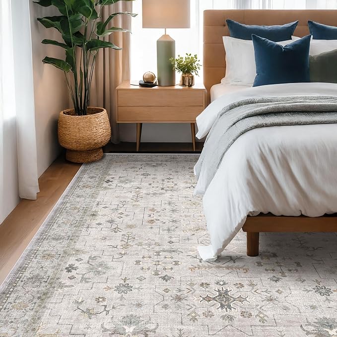 Hazo Haus Boho Light Grey Living Room Rug 6x9 - Modern Vintage Eclectic Floral Paste Neutral Taupe, Washable Low Pile Non-Slip Large Area Rugs for Dining Under Table Bedroom