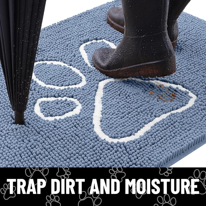 Smiry Dog Door Mat for Muddy Paws, Absorbent Dirt Trapper Non Slip Quick Dry Washable Chenille Mat for Mud Dogs, Entry Rug for Indoor and Outdoor (59x35 Inches, Airy Blue and White)
