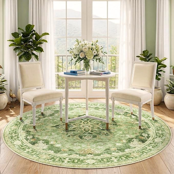 RELEANY Area Rugs 5ft Washable Non-Slip, Floral Vintage Distress Print Pattern Medallion Carpet for Living Room Bedroom Dining Room, Sage Green Yellow
