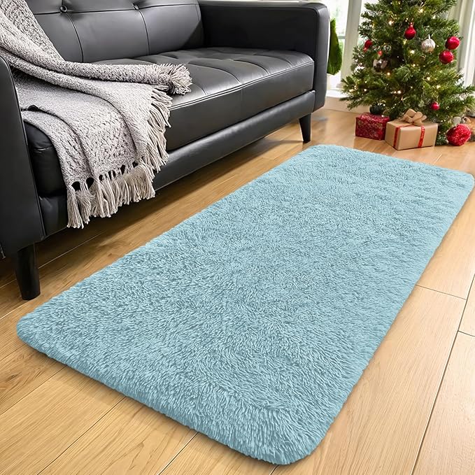 OLANLY 2x5 Machine Washable Runner Rugs for Hallway, Soft Fluffy Shaggy Bedside Rugs for Bedroom, Living Room, Indoor Floor Carpet for Kids Girls and Boys, Home Decor Aesthetic, Light Blue