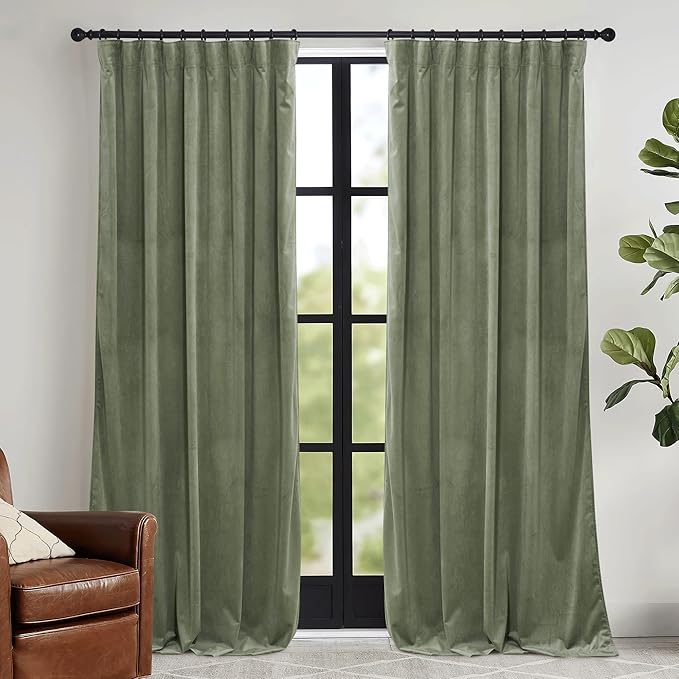RYB HOME Sage Green Velvet Curtains 102 inches with Hook Belt, Soft Fabric Room Darkening Thermal Insulated Luxurious Home Decor Curtains for Living Room Bedroom, W 52" x L 102", 2 Panels Set
