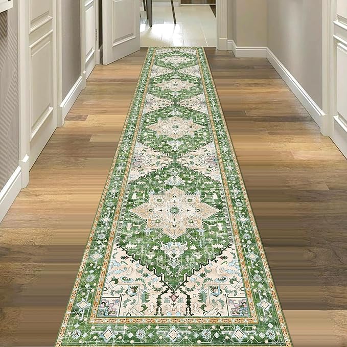 Yamaziot Washable Runner Rug, 2x10 Non-Slip Boho Vintage Hallway Rug Runner with Rubber Backing, Stain Resistant & Low Pile Faux Wool Distressed Carpet Runner for Kitchen, Laundry, Entrance, Green