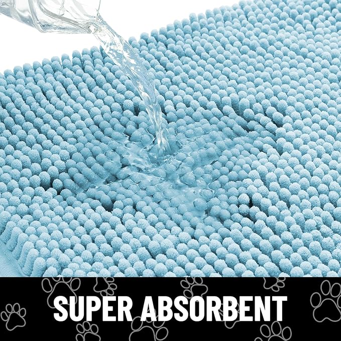 Smiry Dog Door Mat for Muddy Paws, Absorbent Dirt Trapper Non Slip Quick Dry Washable Chenille Mat for Mud Dogs, Entry Rug for Indoor and Outdoor (40x32 Inches, Sky Blue and White)