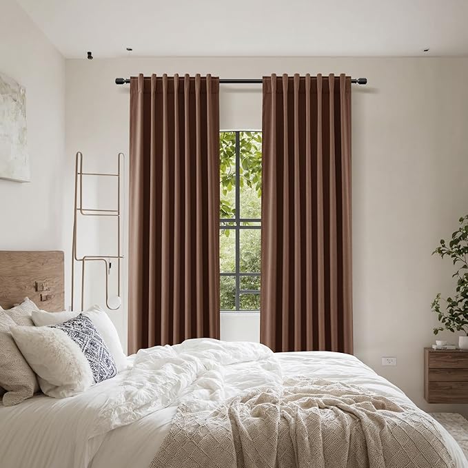 Rustic Brown 100% Blackout Linen Curtains 108 Inch Length 2 Panels Set for Living Room Bedroom Back Tab Thermal Insulated Black Out Drapes Room Darkening Farmhouse Style for Bedroom Window Curtains
