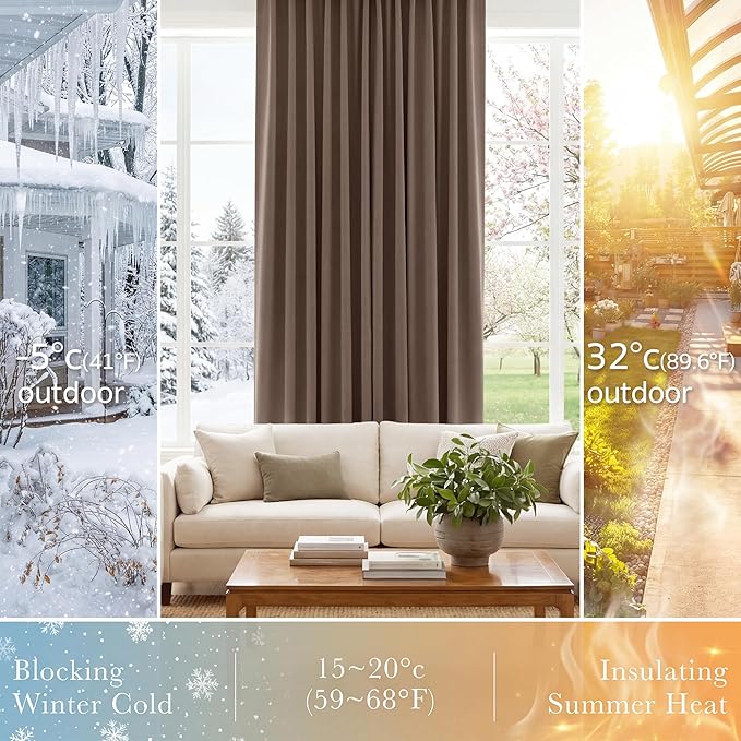 PONY DANCE Blackout Curtains Set - Short Window Curtain Draperies Thermal Insulated Home Decoration Energy Saving Back Tab/Rod Pocket Panels for Bedroom, 42-inch by 45-inch, Mocha, 2 PCs