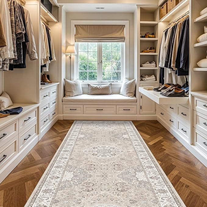 Washable 4x12 Wide Hallway Runners: 12ft Vintage Soft Runner Rug for Entryway Living Room Non Slip Water Resistant Carpet for Kitchen Dining Room Ultra Thin Nursery Bedroom Area Rug(Beige,4x12)