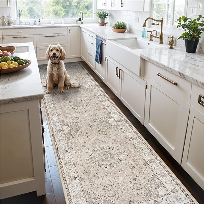 Hallway Washable Runner Rug - 2'6x12 Kitchen Rugs Entryway Rug Runner Vintage Soft Floor Mat Non Slip Indoor Farmhouse Carpet for Bathroom Living Room Bedroom (2'6''x12', Beige)