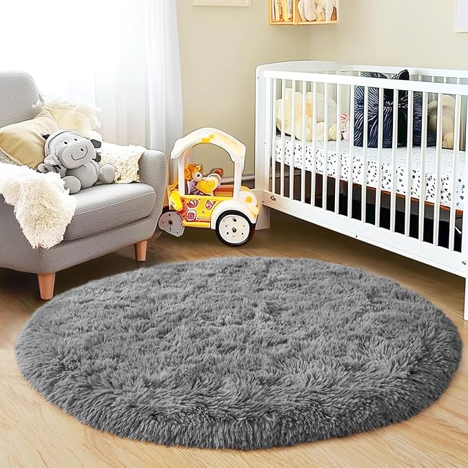 3'x3' Grey Round Rug for Bedroom, Ultra Soft Fluffy Circle Rug for Kids Girls Boys Room, Cute Small Shag Rugs for Living Room Playroom Teen Room Home Decor Rug