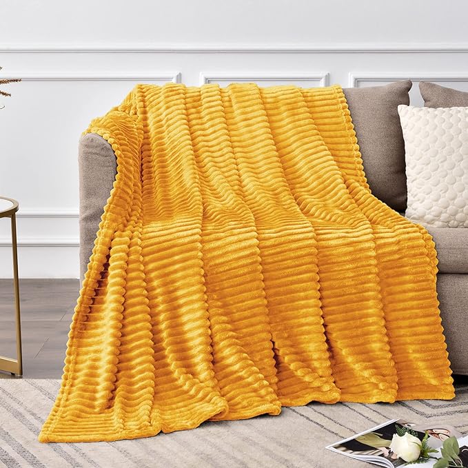 BEDELITE Fleece Blanket Queen Size – 3D Ribbed Jacquard Soft and Warm Decorative Fuzzy Blankets – Cozy, Fluffy, Plush Lightweight Throw Blankets for Couch, Bed, Sofa(Mustard Yellow, 90x90 inches)