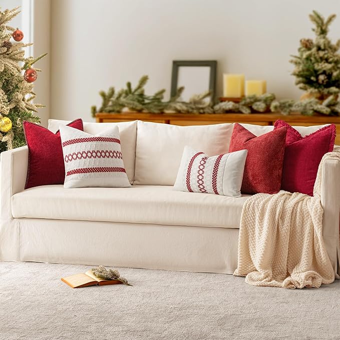 MIULEE Pack of 2 Christmas Pillow Covers 18x18 Inch Red Farmhouse Decorative Throw Pillow Covers with Stitched Edge Soft Chenille Solid Dyed Couch Pillow Covers for Sofa Bed Living Room