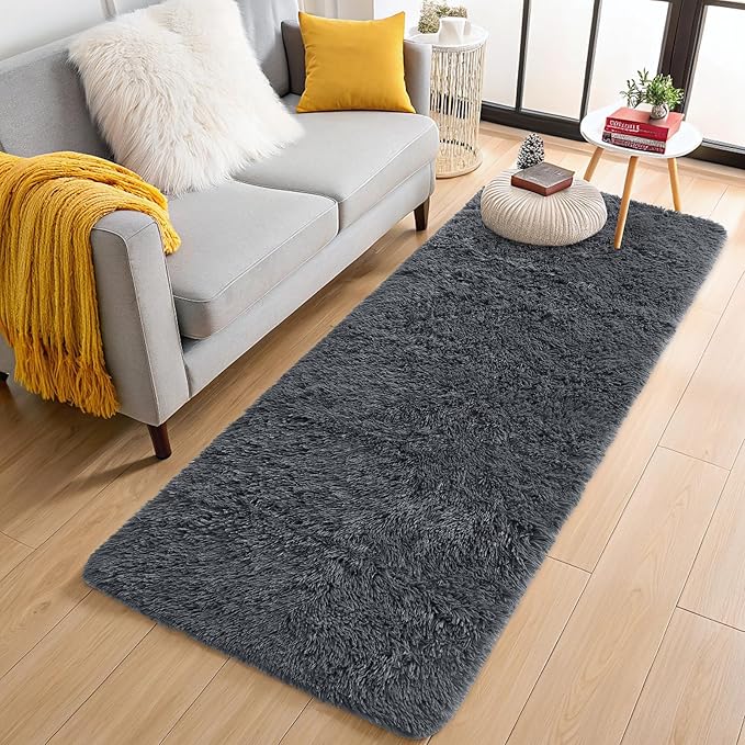 OLANLY 3x7 Machine Washable Runner Rugs for Hallway, Soft Fluffy Shaggy Bedside Rugs for Bedroom, Living Room, Indoor Floor Carpet for Kids Girls and Boys, Nursery Rooms, Home Decor Aesthetic, Grey