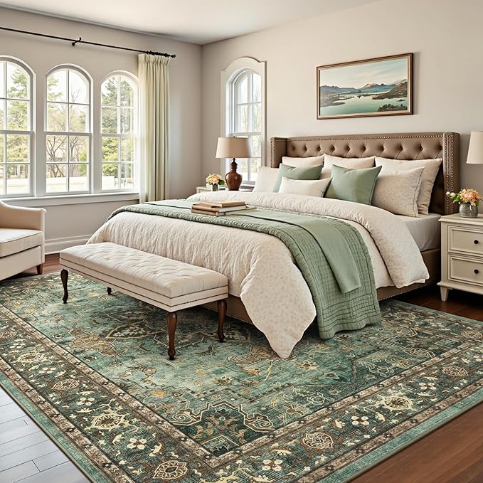 Lofus 9x12 Area Rugs for Living Room, Washable Area Rug, Rugs for Bedroom, Kitchen, Vintage Boho Carpet, Soft Non-Slip, Low Pile Large Area Rug for Office Dining Room, Green