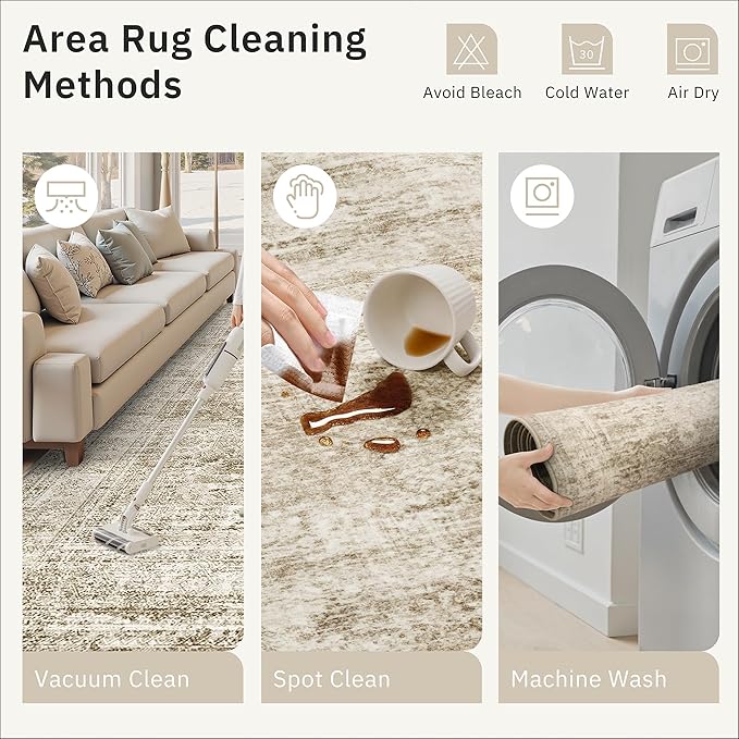 12x15 Washable Area Rug Brown Neutral Abstract Living Room Large Carpet Non Slip Bedroom Indoor Office Dining Room Low Pile Thin Rug