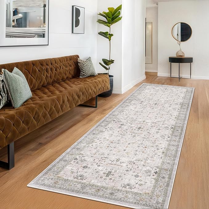 Hazo Haus Boho 3x16 Wide Hallway Runner - Light Gray and Taupe, Washable Low Pile Non Slip Stain Resistant 16ft Runner Rug for Long Kitchen, Hall Way, Floral Decor