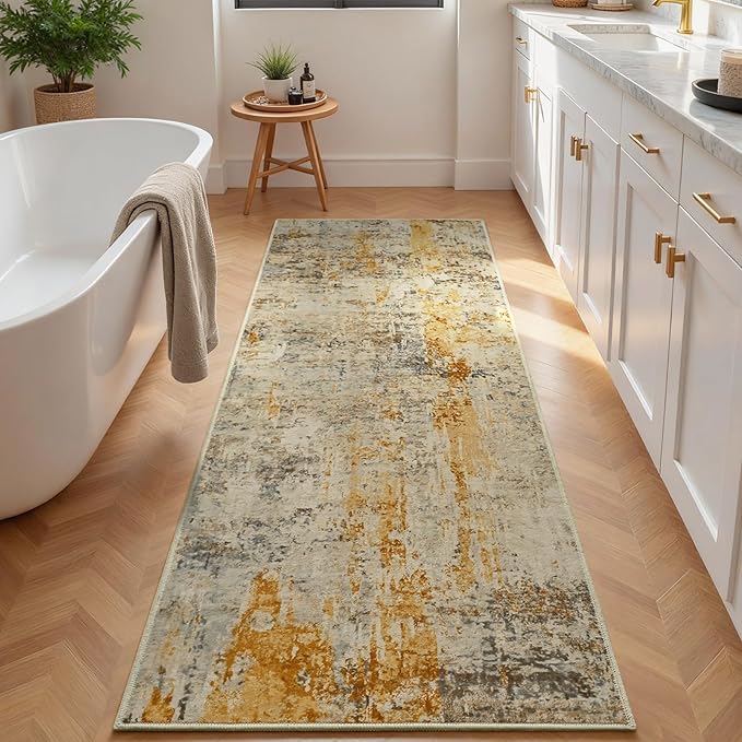 2x6 Beige Rug Runners for Hallways Kitchen Runner Rug Non Slip Washable Tan Long Runner Rugs with Rubber Backing Soft Abstract Carpet Runner for Bedroom, Kitchen, Bathroom, Entryway