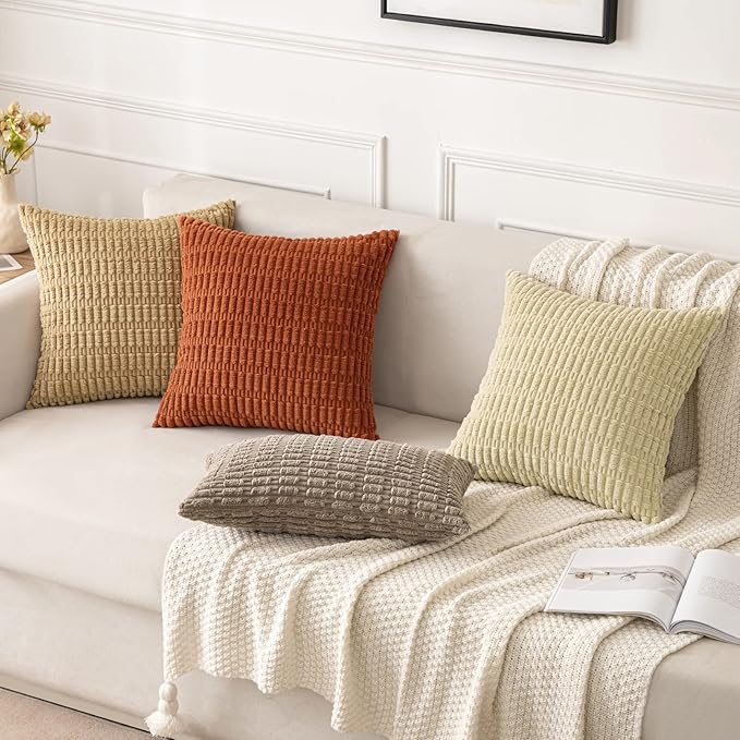 MIULEE Pack of 2 Rust Corduroy Decorative Euro Sham Pillow Covers 24x24 Inch Soft Boho Striped Throw Pillow Covers Modern Farmhouse Home Decor for Summer Sofa Living Room Couch Bed