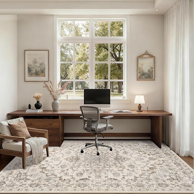 Area Rugs 9x12 Living Room Rug: Washable Rug Soft Vintage Distressed Floral Carpet Indoor Non-Slip Stain Resistant Large Carpets for Bedroom Dining Room Farmhouse Nursery Home Office Brown Beige