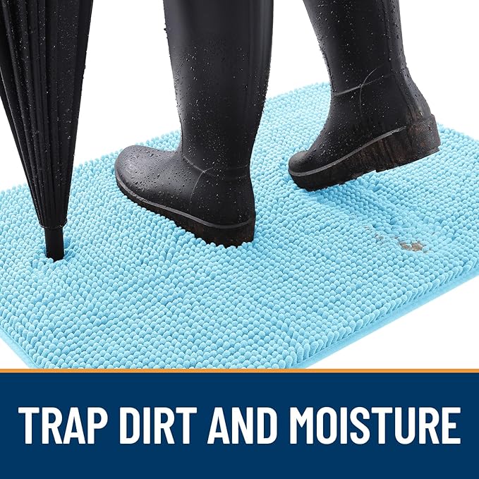 OLANLY Dog Door Mat for Muddy Paws 30x17, Absorbs Moisture and Dirt, Absorbent Non-Slip Washable Doormat, Quick Dry Chenille Mud Mat for Dogs, Entry Indoor Entryway Carpet for Inside Floor, Blue